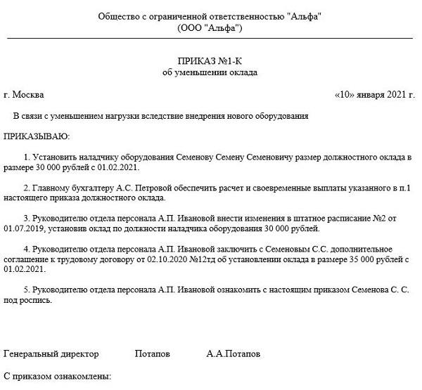 Приказ о неначислении заработной платы директору в связи с отсутствием деятельности образец