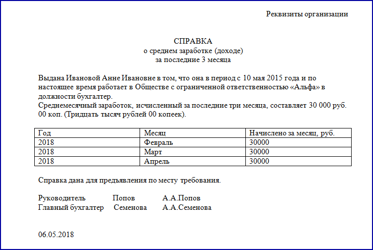 Справка о доходе образец