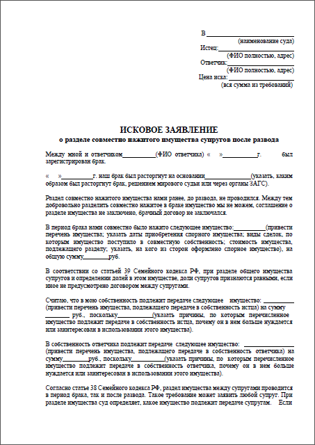 Образец иска о разделе совместно нажитого имущества супругов образец